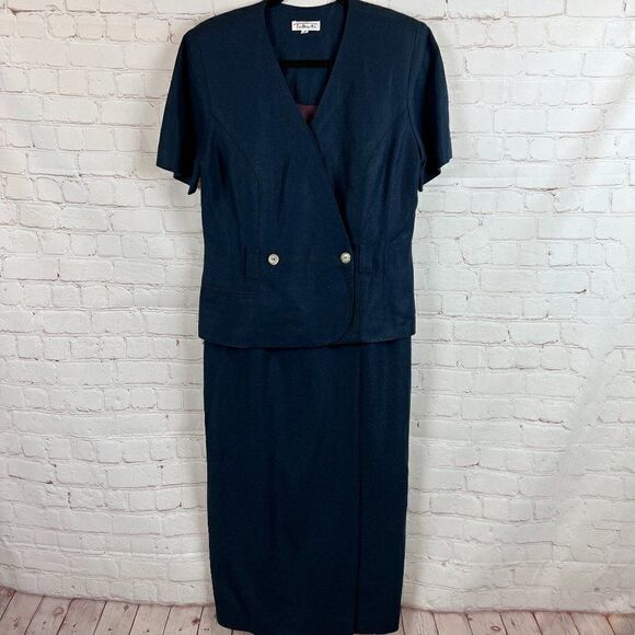 Talbots Dresses & Skirts - TALBOTS blue linen blend faux wrap faux skirt suit dress size 8 Vintage